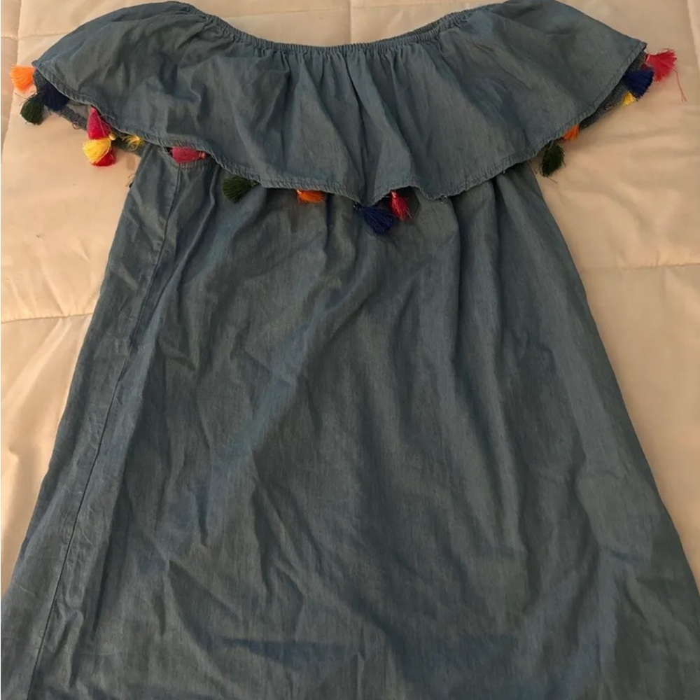 Forever 21 Gray and Blue Ruffled Off-Shoulder Sundress